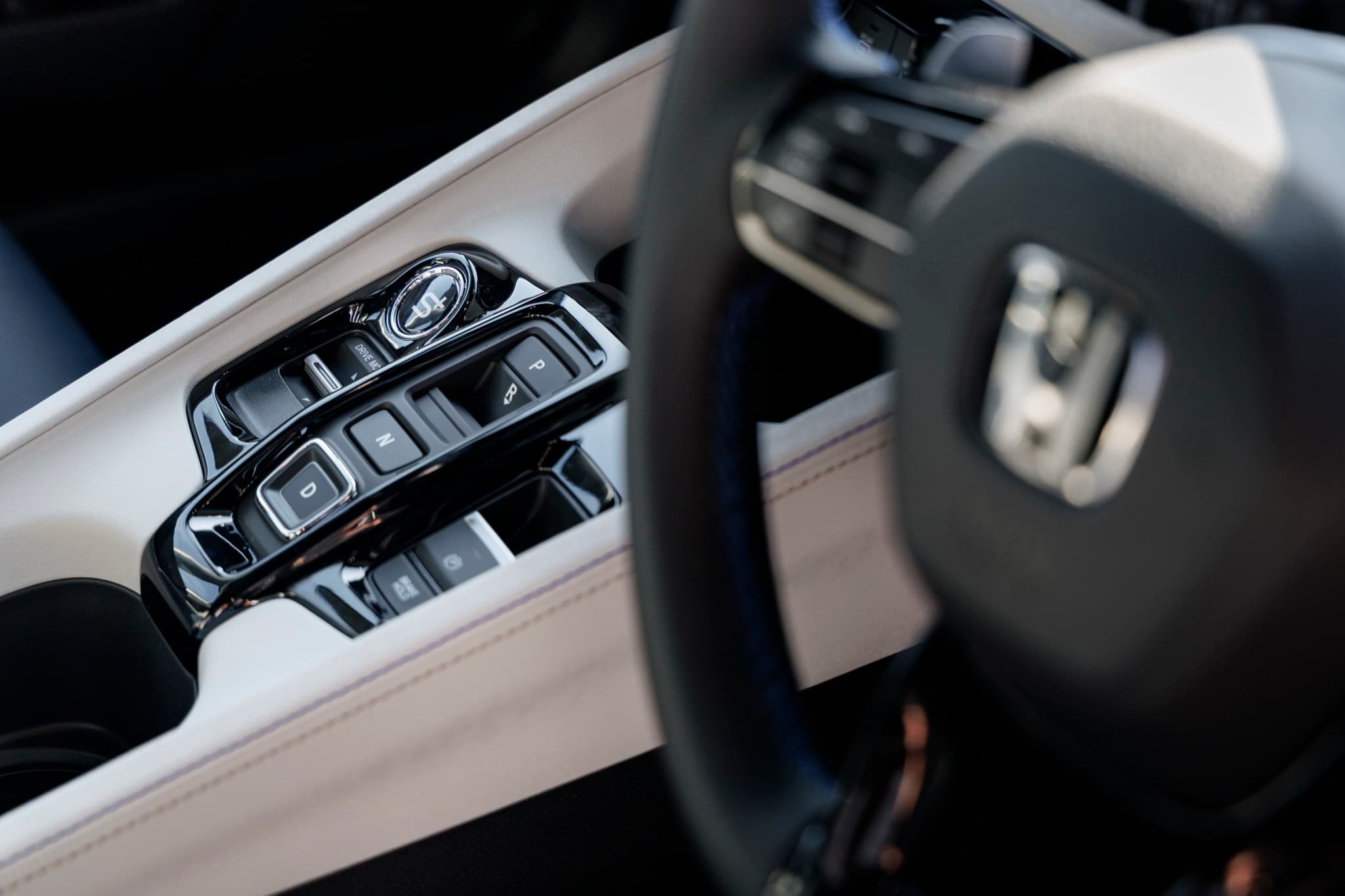 2026 Honda Prelude center console with the S+ Shift button and drive mode controls, two-tone blue and white interior