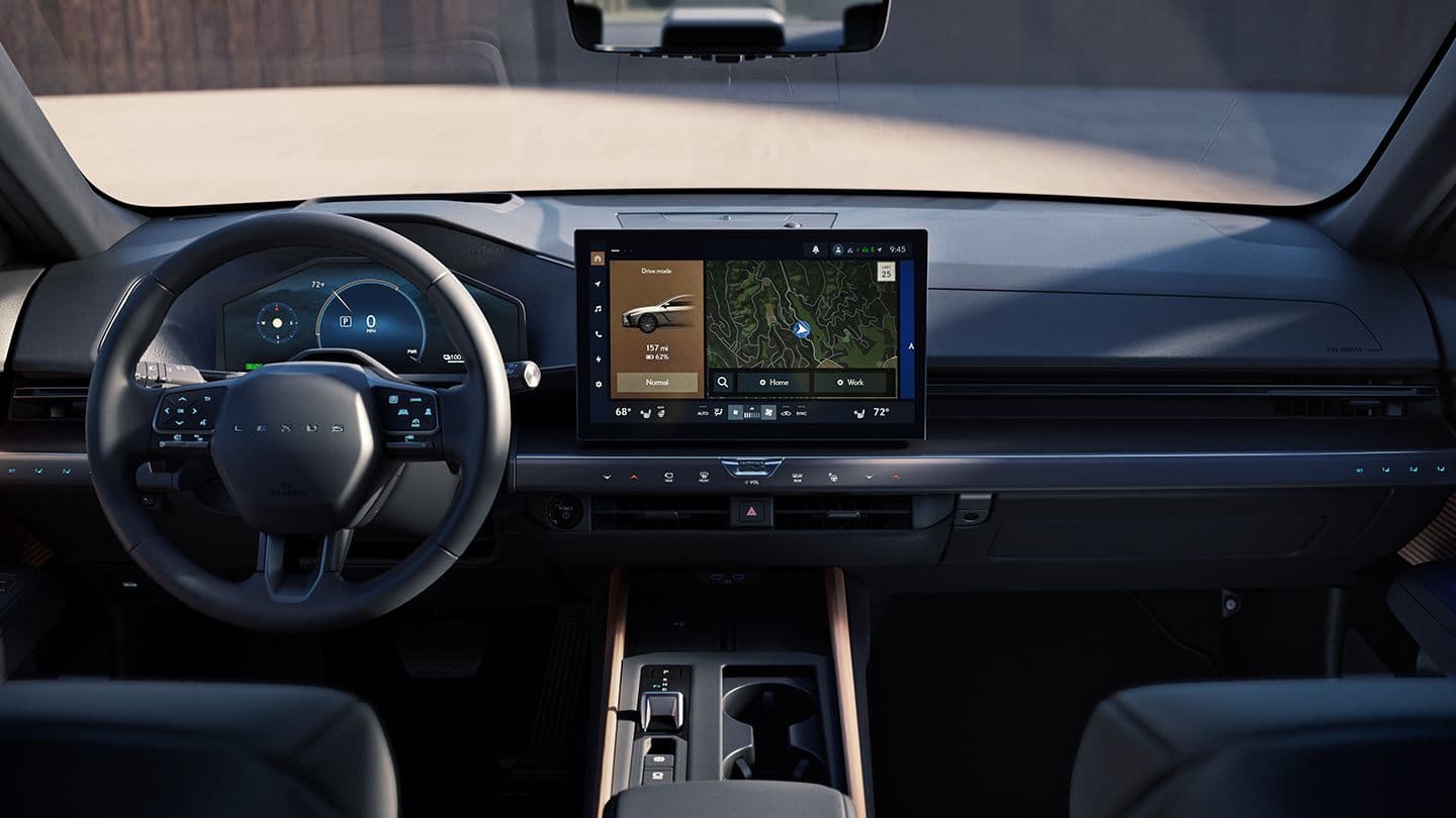 2026 Lexus ES cockpit showing the 14-inch Lexus Interface touchscreen, digital gauges and steering-wheel controls