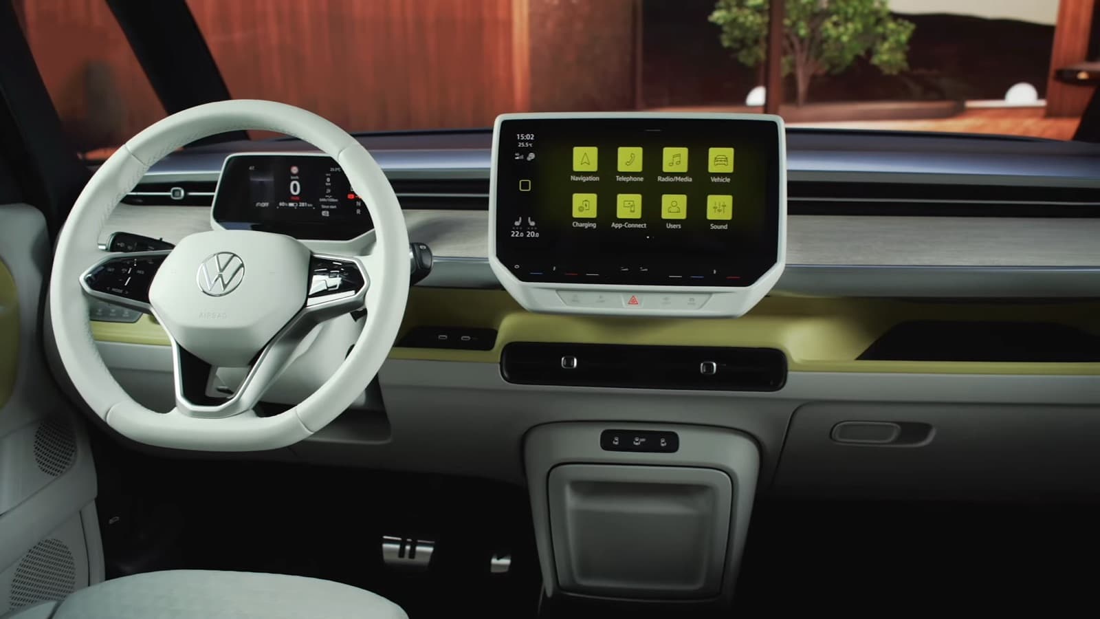 Volkswagen ID. Buzz interior showing the dashboard, central touchscreen, and airy cabin